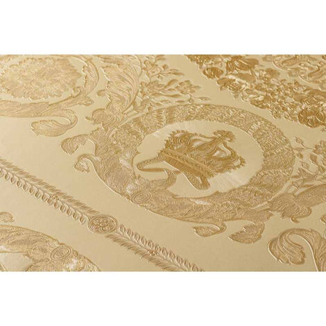 Papier peint intissé jaune métallique avec reliefs Tapisserie motif baroque idéale pour salon Papiers peints chics pour entrée