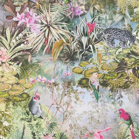 Papier peint intissé jungle colorée verte et rose Tapisserie florale avec animaux Papier peint exotique style tropical idéal pour chambre