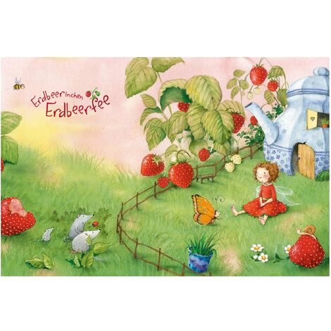 Papier peint intissé lapin fraise Erdbeerfee - Dans le jardin - grande fresque murale - Dimension HxL: 255cm x 384cm