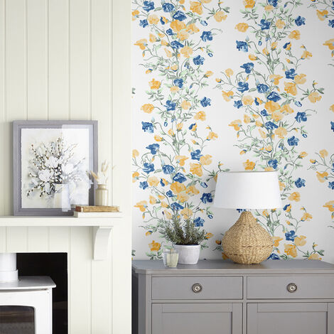 Papier peint intissé Laura Ashley Charlotte Ochre 1005 x 52cm Jaune, Bleu - Bleu
