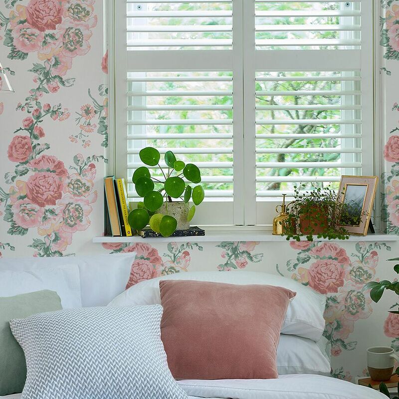 Papier peint intissé Laura Ashley Hollyhocks Coral 1005 x 52cm Rose, vert