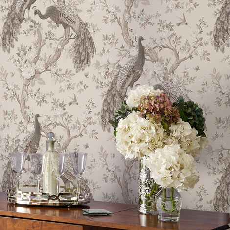 Papier peint intissé Laura Ashley Paons Belvedere Soft Truffle 1005 x 52cm Beige naturel