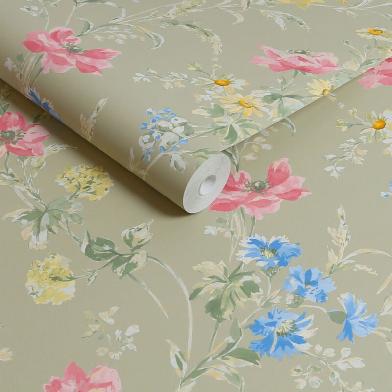 Papier peint intissé Laura Ashley Poppy Meadow Sage 1005 x 52cm Vert, jaune, rose, bleu