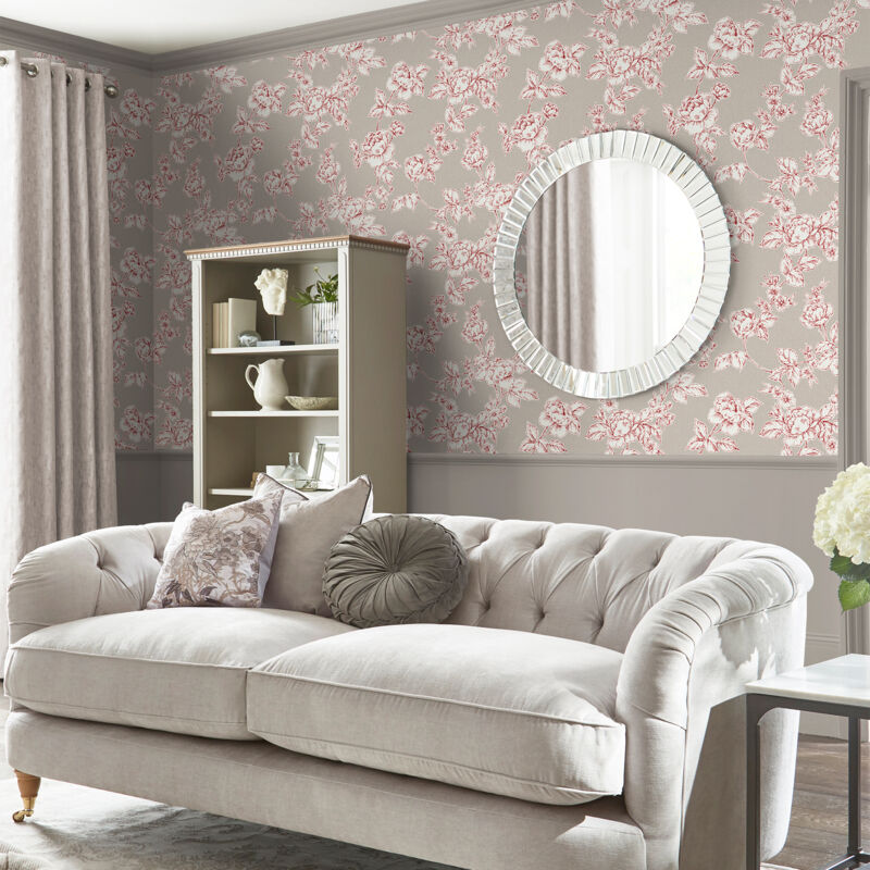 Papier peint intissé Laura Ashley Roses Pollington Dove 1005 x 52cm Framboise, taupe grisé