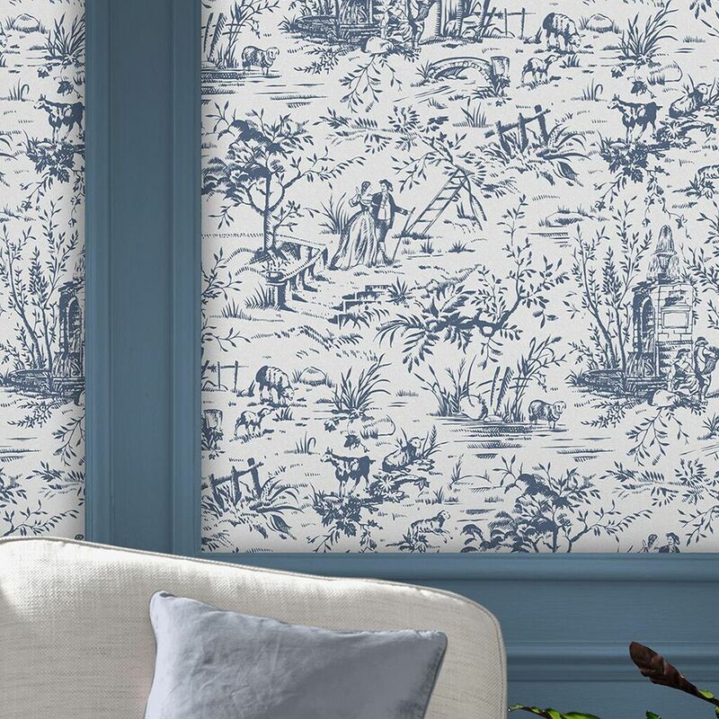 Papier peint intissé Laura Ashley Toile de Jouy Dark Seaspray 1005 x 52cm Bleu