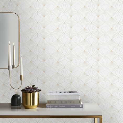 Papier peint intissé Losanges Diamant Géo 1005 x 52cm Blanc, Or - Blanc Or