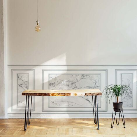 Papier peint intissé marbre blanc contemporain, imitation boiseries, 75 cm X 200 cm, décor unique - Gris / argent