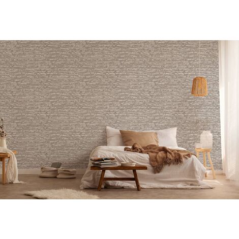 Papier peint intissé marron et crème Tapisserie imitation mur en pierre Papier peint tendance style industriel idéal pour salon