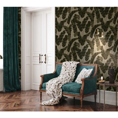 Papier peint intissé marron or Tapisserie feuillage bananier idéale salon et chambre Papier peint à fleurs tropical jungle