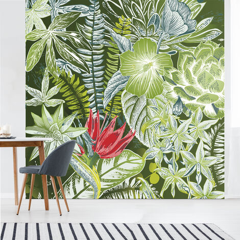 Papier peint intissé motif floral vert et rouge, feuillages et fleurs de la jungle tropicale, 250 cm X 250 cm, panoramique