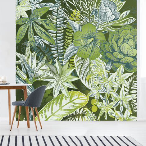 Papier peint intissé motif floral vert, feuillages et fleurs de la jungle tropicale, 250 cm X 250 cm, panoramique