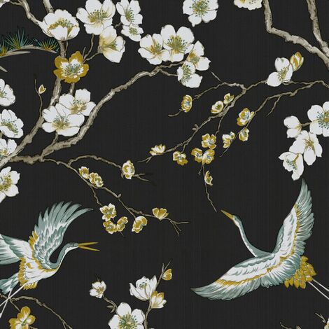 Papier peint intissé motif oiseaux japonais 1005 x 52cm – Résistant à la lumière – Entretien facile avec éponge – Décor zen noir vert – Superfresco Easy