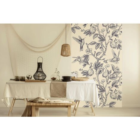Papier peint intissé motif printanier oiseaux sur branches de citronnier, bleu et crème, 250 cm X 150 cm.