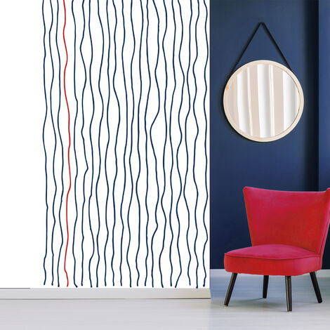Papier peint intissé motifs vagues bleu foncé et rouge sur fond blanc, 250 cm X 150 cm. Décorez votre intérieur avec ce produit unique et élégant.