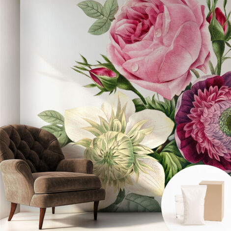 Papier peint intissé mural avec colle pour salon et chambre Décoration murale rapide - Colle incluse gratuite Bouquet de fleurs 250x250 cm