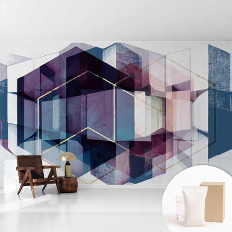 Papier peint intissé mural avec colle pour salon et chambre Décoration murale rapide - Colle incluse gratuite Cubes géométriques 416x254 cm