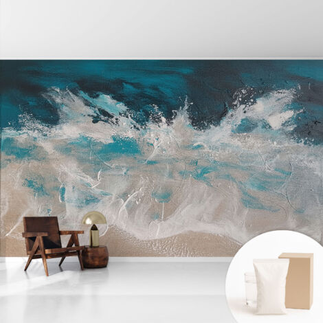Papier peint intissé mural avec colle pour salon et chambre Décoration murale rapide - Colle incluse gratuite Vagues océaniques 416x254 cm