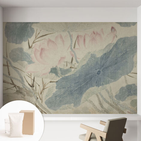 Papier peint intissé mural avec imprimé motifs décoratifs - style contemporain - Colle incluse gratuite Feuilles de lotus 152x104 cm