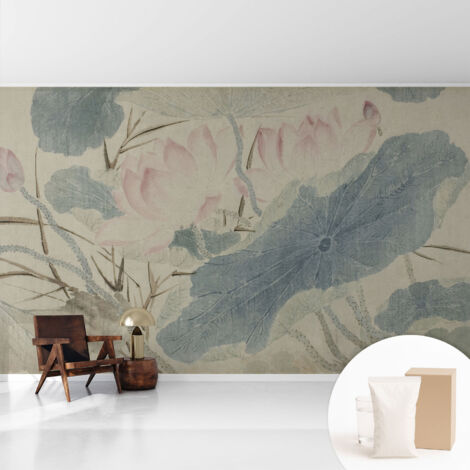 Papier peint intissé mural avec imprimé motifs décoratifs - style contemporain - Colle incluse gratuite Feuilles de lotus 416x254 cm
