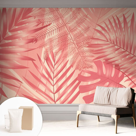 Papier peint intissé mural avec imprimé motifs décoratifs - style contemporain - Colle incluse gratuite Feuilles tropicales 312x219 cm
