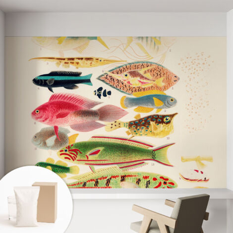 Papier peint intissé mural avec imprimé motifs décoratifs - style contemporain - Colle incluse gratuite Poissons colorés 152x104 cm