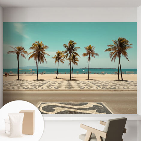 Papier peint intissé mural avec imprimé motifs uniques apparence moderne - Colle incluse gratuite Palmiers et plage 152x104 cm