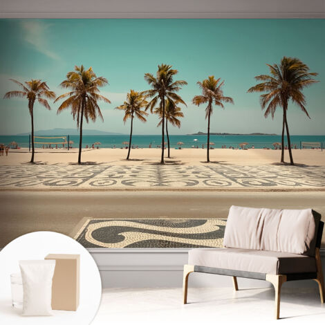 Papier peint intissé mural avec imprimé motifs uniques apparence moderne - Colle incluse gratuite Palmiers et plage 312x219 cm