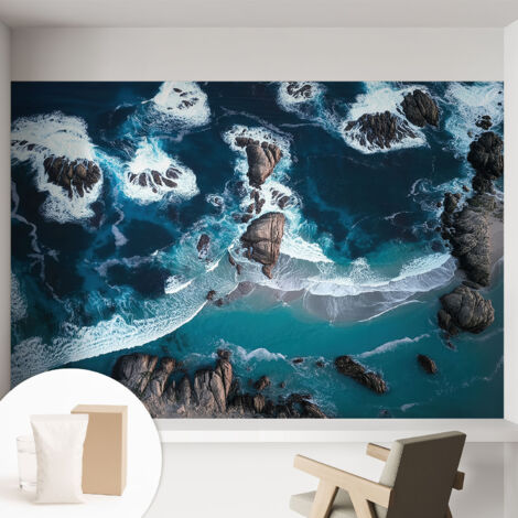 Papier peint intissé mural avec imprimé motifs uniques apparence moderne - Colle incluse gratuite Vagues océaniques 152x104 cm