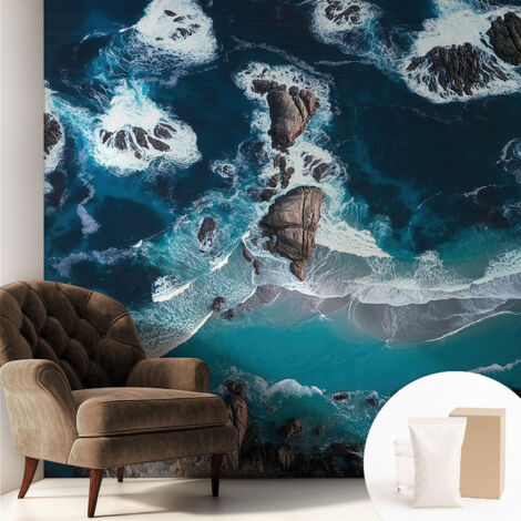 Papier peint intissé mural avec imprimé motifs uniques apparence moderne - Colle incluse gratuite Vagues océaniques 250x250 cm