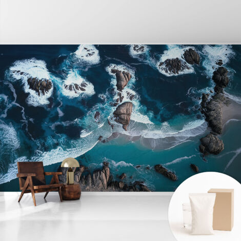 Papier peint intissé mural avec imprimé motifs uniques apparence moderne - Colle incluse gratuite Vagues océaniques 416x254 cm