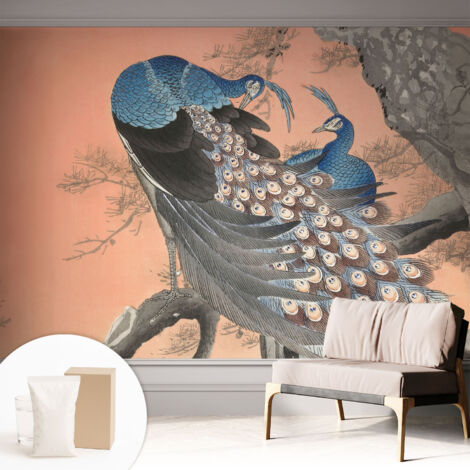 Papier peint intissé mural avec imprimé pour décoration pour salon pour chambre à coucher pour entrée Élégance du paon 312x219 cm