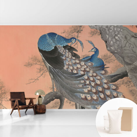 Papier peint intissé mural avec imprimé pour décoration pour salon pour chambre à coucher pour entrée Élégance du paon 416x254 cm