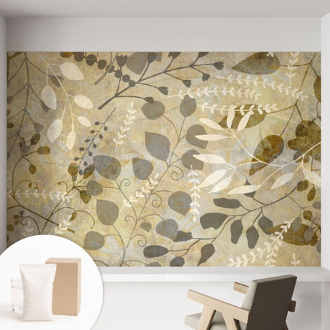 Papier peint intissé mural avec imprimé pour décoration pour salon pour chambre à coucher pour entrée Feuilles et brindilles 152x104 cm
