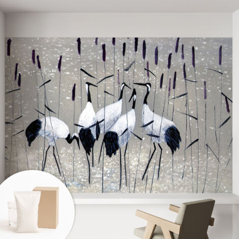 Papier peint intissé mural avec imprimé pour décoration pour salon pour chambre à coucher pour entrée Grues harmonieuses 152x104 cm