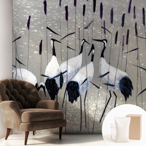 Papier peint intissé mural avec imprimé pour décoration pour salon pour chambre à coucher pour entrée Grues harmonieuses 250x250 cm