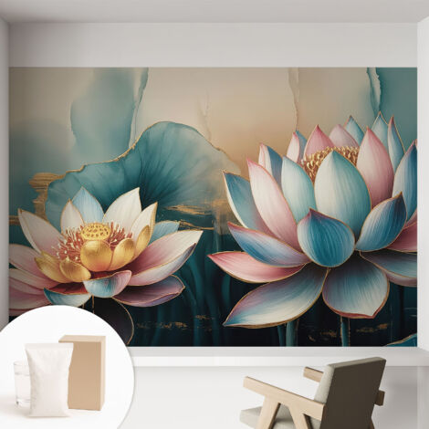 Papier peint intissé mural avec imprimé pour décoration pour salon pour chambre à coucher pour entrée Lotus de l'harmonie 152x104 cm