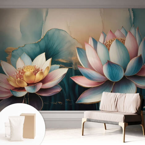 Papier peint intissé mural avec imprimé pour décoration pour salon pour chambre à coucher pour entrée Lotus de l'harmonie 312x219 cm