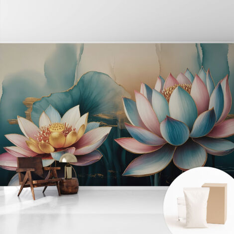 Papier peint intissé mural avec imprimé pour décoration pour salon pour chambre à coucher pour entrée Lotus de l'harmonie 416x254 cm