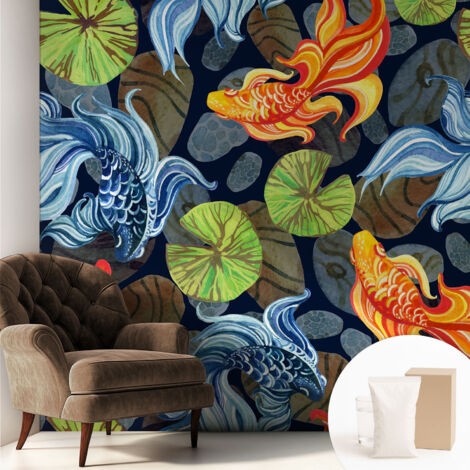 Papier peint intissé mural avec imprimé pour décoration pour salon pour chambre à coucher pour entrée Motifs de poissons 250x250 cm
