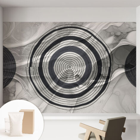 Papier peint intissé mural classique avec imprimé motifs décoratifs design élégant non‑tissé Cercles gris 152x104 cm