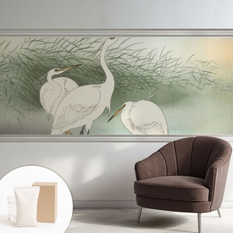 Papier peint intissé mural classique avec imprimé motifs décoratifs design élégant non‑tissé Hérons dans l'herbe 250x104 cm