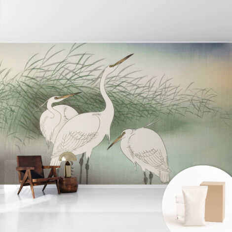 Papier peint intissé mural classique avec imprimé motifs décoratifs design élégant non‑tissé Hérons dans l'herbe 416x254 cm