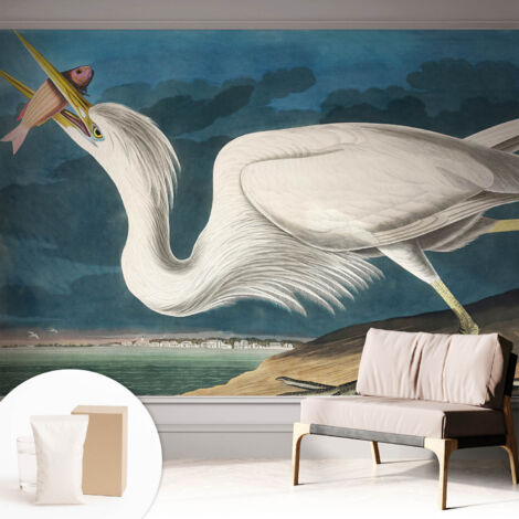 Papier peint intissé mural classique avec imprimé motifs décoratifs design élégant non‑tissé Oiseau avec un poisson 312x219 cm