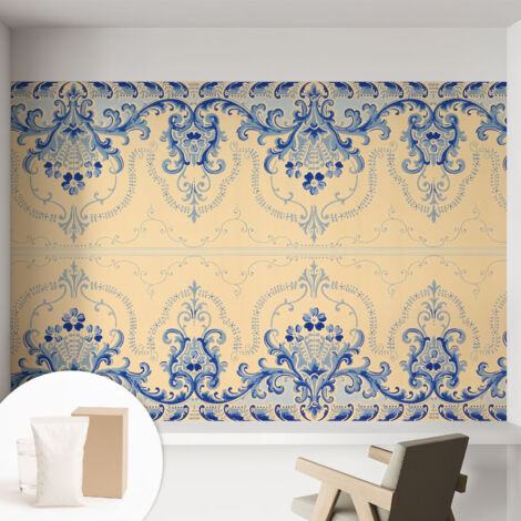 Papier peint intissé mural classique avec imprimé motifs décoratifs design élégant non‑tissé Ornements bleus 152x104 cm