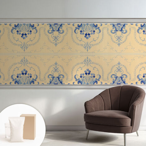 Papier peint intissé mural classique avec imprimé motifs décoratifs design élégant non‑tissé Ornements bleus 250x104 cm