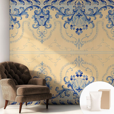 Papier peint intissé mural classique avec imprimé motifs décoratifs design élégant non‑tissé Ornements bleus 250x250 cm