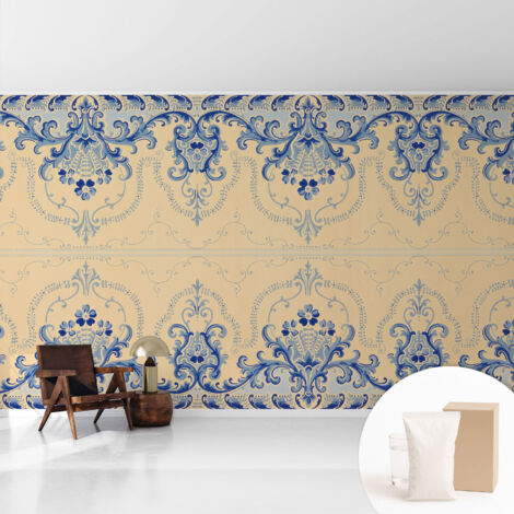 Papier peint intissé mural classique avec imprimé motifs décoratifs design élégant non‑tissé Ornements bleus 416x254 cm