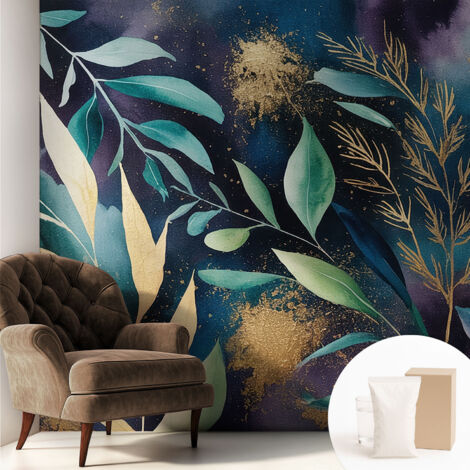 Papier peint intissé mural pour salon chambre à coucher tendance et originale - Colle incluse gratuite Feuilles botaniques 250x250 cm