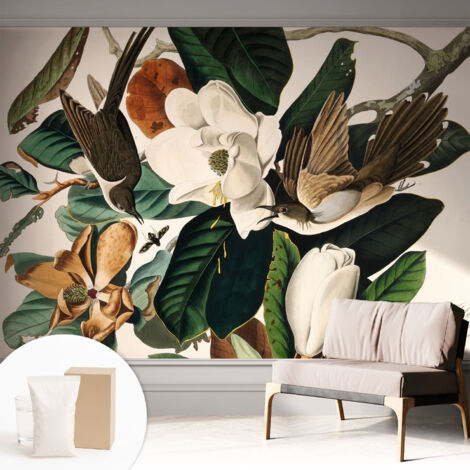Papier peint intissé mural pour salon chambre à coucher tendance et originale - Colle incluse gratuite Oiseaux et magnolias 312x219 cm