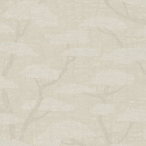 Papier peint intissé nature beige et gris Tapisserie motif arboré style forestier Papier peint botanique zen idéal pour couloir